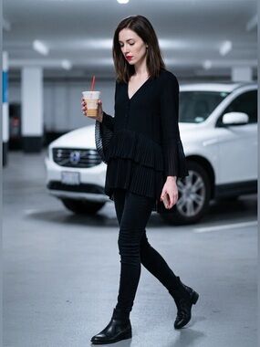 Zara Black Pleated Tiered Tunic Blouse Size M